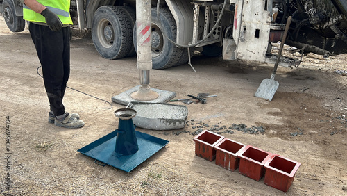 Photos Concrete production, concrete quality sample purchase, slump experiment