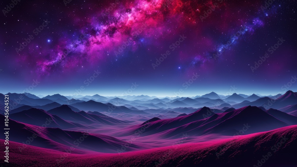 A vibrant cosmic landscape with mountains under a starry, colorful sky. A vibrant cosmic landscape with mountains under a starry, colorful sky.