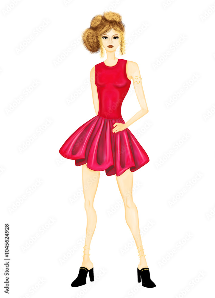 woman with red godet dress, Elegant dress sketch, fashion design woman with red godet dress, Elegant dress sketch, fashion design