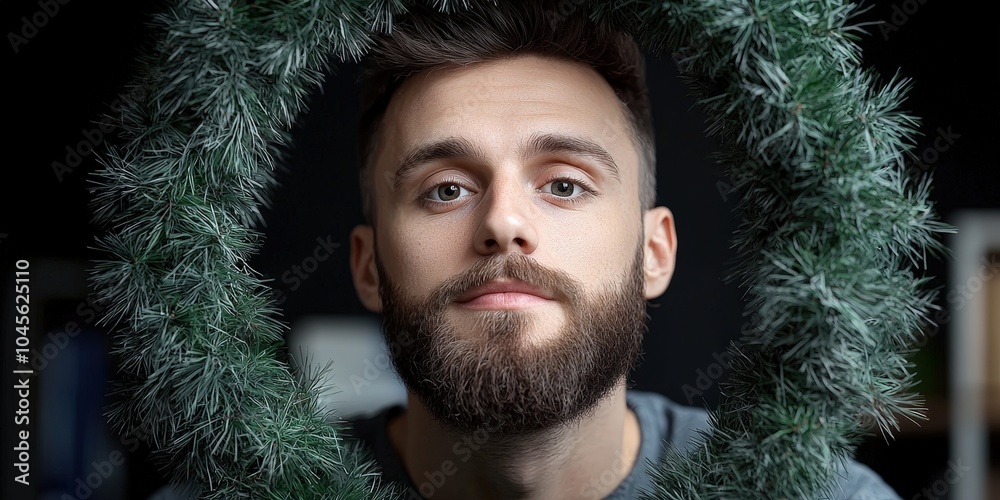 Man with beard looking through a Christmas wreath  festive portrait  holiday season