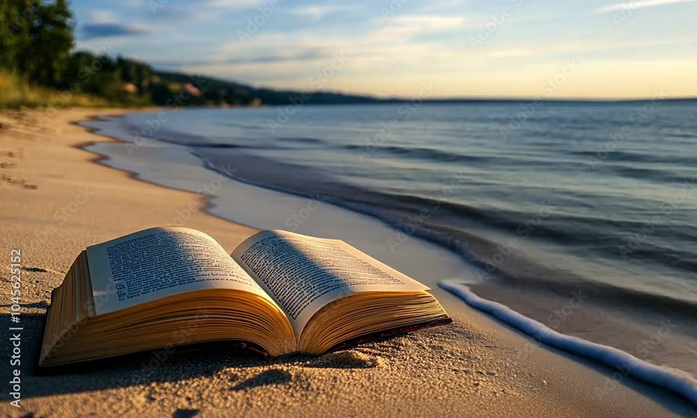 An open book resting on a sandy beach, with gentle waves lapping at the shore. An open book resting on a sandy beach, with gentle waves lapping at the shore.