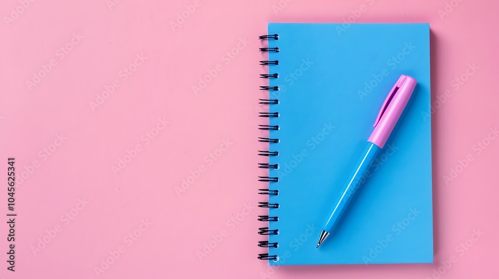Blue notebook and pen on pink background Blue notebook and pen on pink background