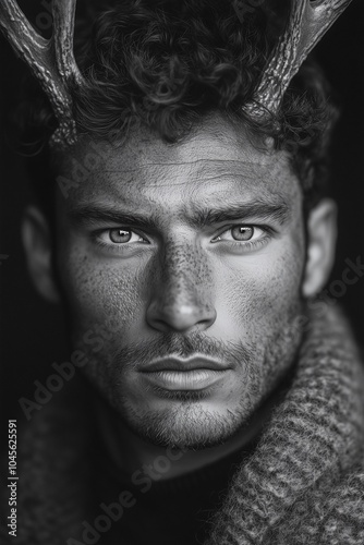 Dramatic Male Portrait with Wild Antlers in Dark Tones