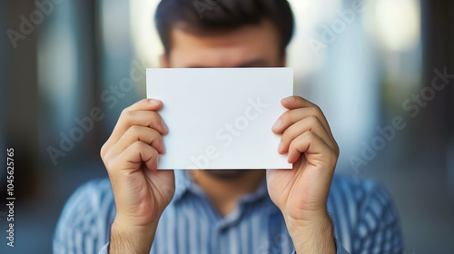 Anonymous businessman holding blank card in urban setting for identity concept