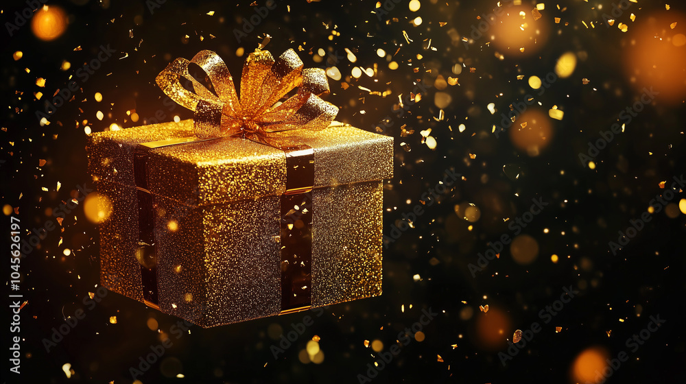 shining floating golden gift box on festive background, mockup with copy space shining floating golden gift box on festive background, mockup with copy space