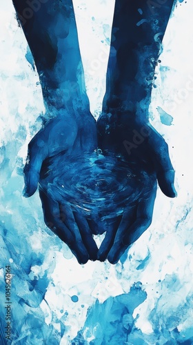 hands intertwined with fluid, water-like elements, symbolizing connection, flow, and the powerful essence of life. The deep blue tones and dynamic movements evoke themes of unity, healing, and transfo photo