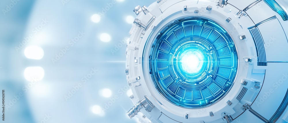 Obraz premium Futuristic technology close-up view with glowing blue light and smooth lines, ideal for science fiction concepts.