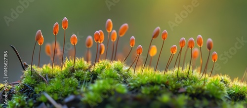 Close-up of vibrant orange moss sporophytes emerging from a bed of green moss in a soft-focused natural setting. photo