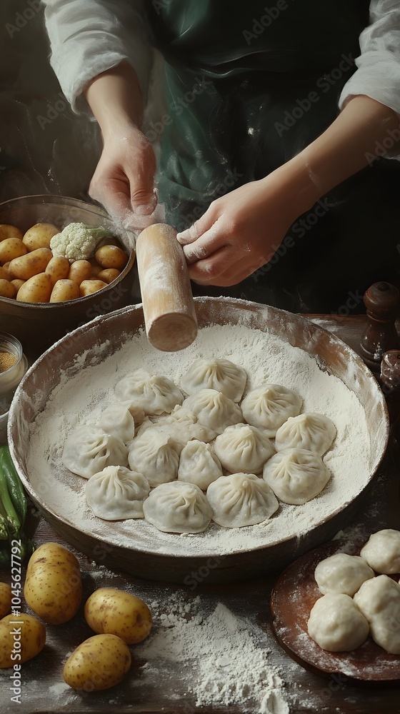 A person is rolling out dough and making dumplings on the table, with flour scattered around them. A person is rolling out dough and making dumplings on the table, with flour scattered around them.