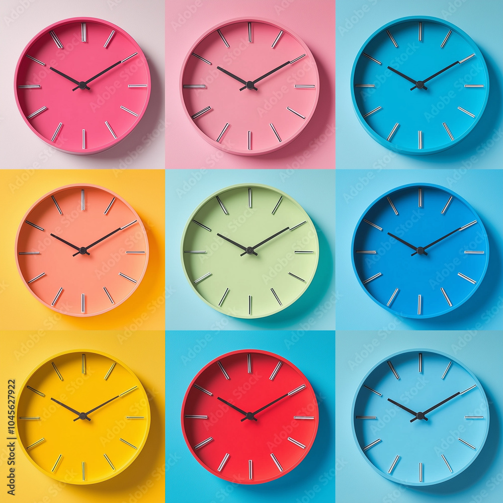 Pop art collage, set of wall clock isolated on multi-colored background Pop art collage, set of wall clock isolated on multi-colored background