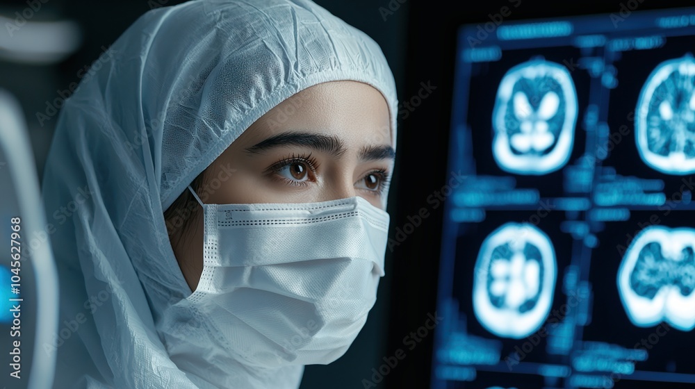 Healthcare professional analyzing medical images in a modern laboratory environment. Healthcare professional analyzing medical images in a modern laboratory environment.