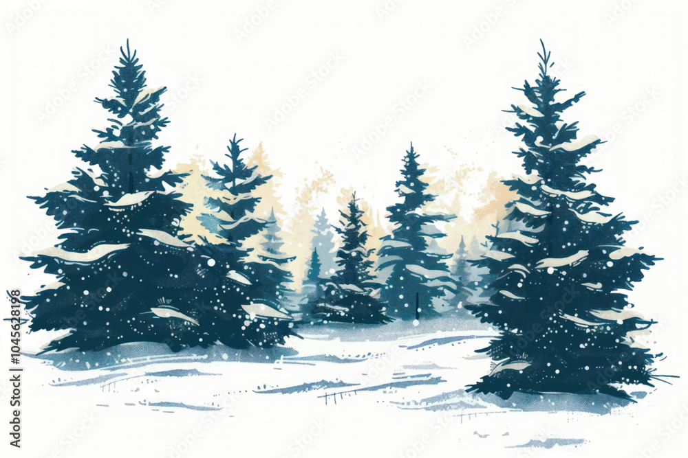 Obraz premium Snowy evergreen forest landscape painting
