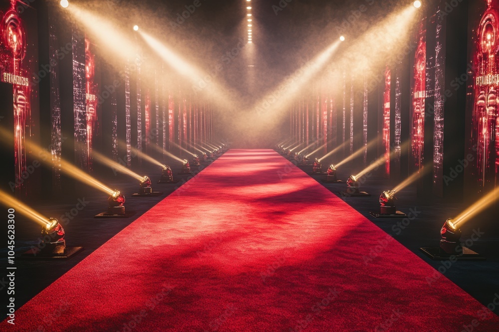 An empty red carpet walkway with large spotlights aimed at it, framed by movie premiere banners and award trophies at the end of the carpet, glamorous event, film industry, movie premiere An empty red carpet walkway with large spotlights aimed at it, framed by movie premiere banners and award trophies at the end of the carpet, glamorous event, film industry, movie premiere