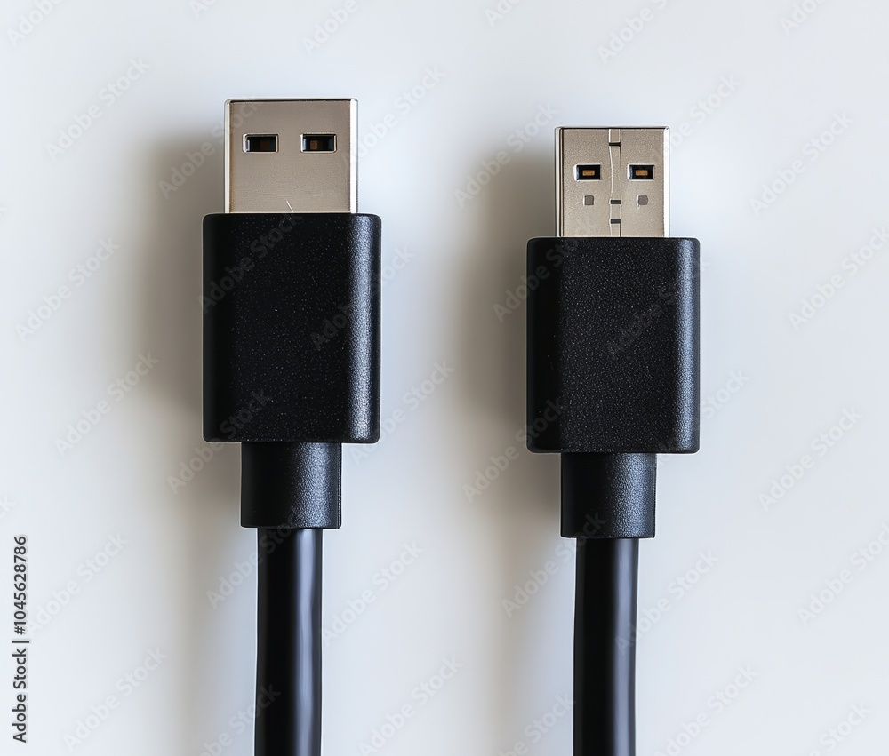 A black USB cable plug isolated on a white background. Micro USB to USB. A black USB cable plug isolated on a white background. Micro USB to USB.