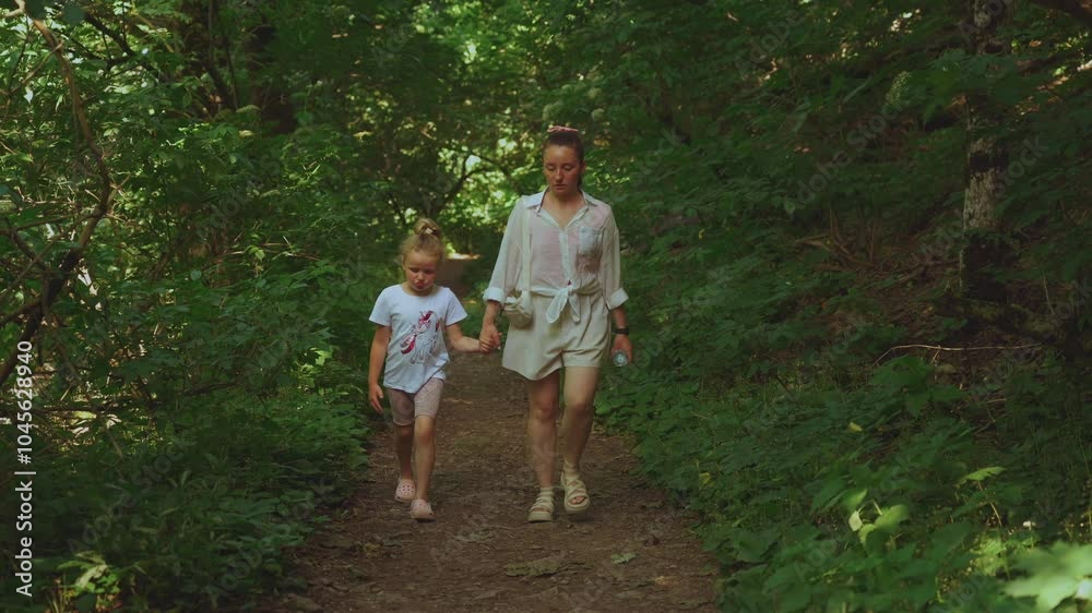Mom and daughter walking in nature, a child walking with his mother, a girl with her mother walking in nature Mom and daughter walking in nature, a child walking with his mother, a girl with her mother walking in nature