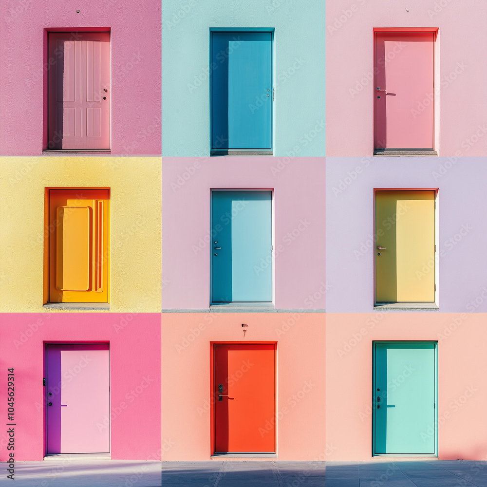 Pop art collage, set of doors isolated on multi-colored background Pop art collage, set of doors isolated on multi-colored background
