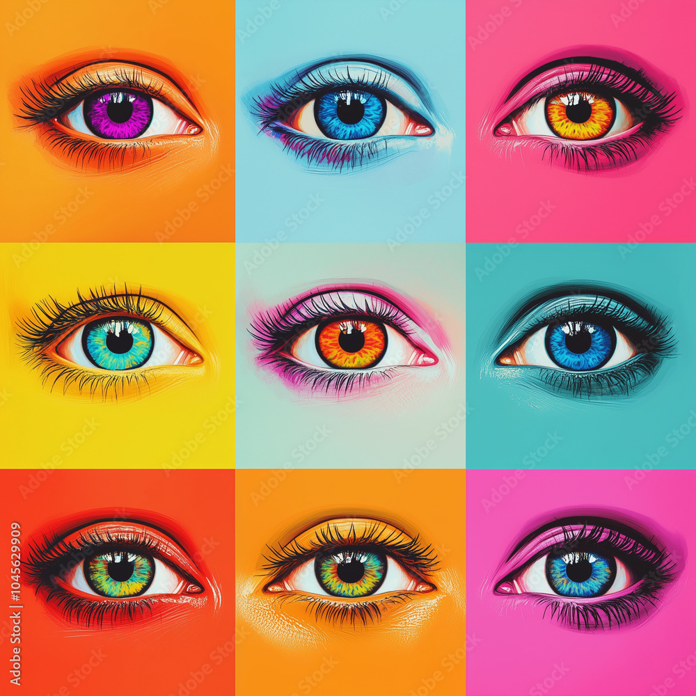 Pop art collage, set of eyes isolated on multi-colored background Pop art collage, set of eyes isolated on multi-colored background