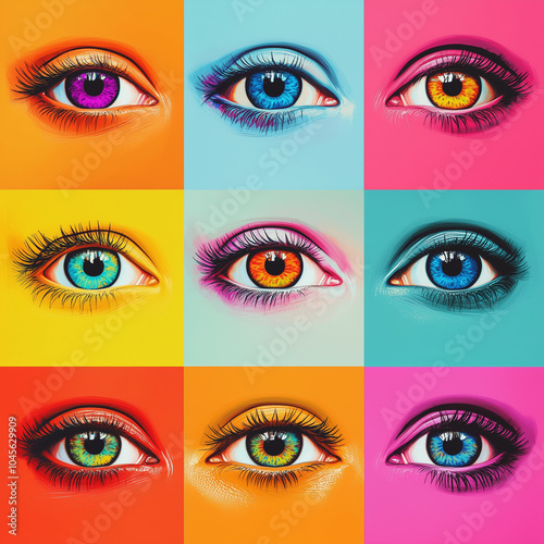 Pop art collage, set of eyes isolated on multi-colored background