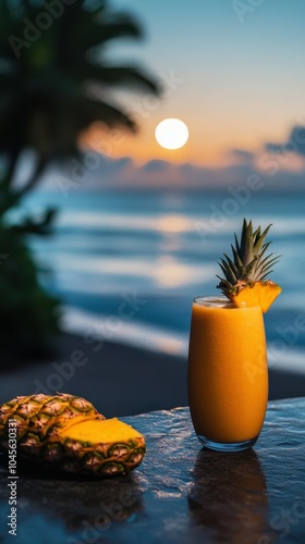 Ground level angle view, charcoal stone surface with blurred evening beach and moonlight, showcasing a tropical smoothie with mango and pineapple, ad promo template, smoothie branding, beach decor photo