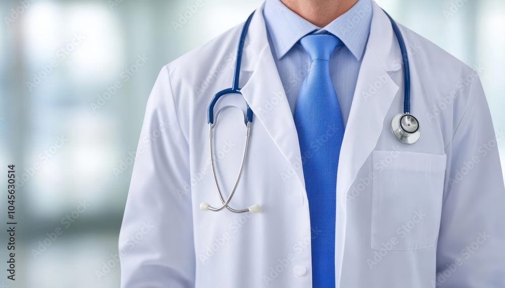 A medical professional in a white coat with a stethoscope, dressed in blue tie, smiling confidently. A medical professional in a white coat with a stethoscope, dressed in blue tie, smiling confidently.