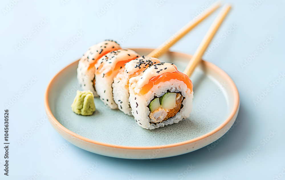 Tempura Maki Roll on Ceramic Plate With Chopsticks