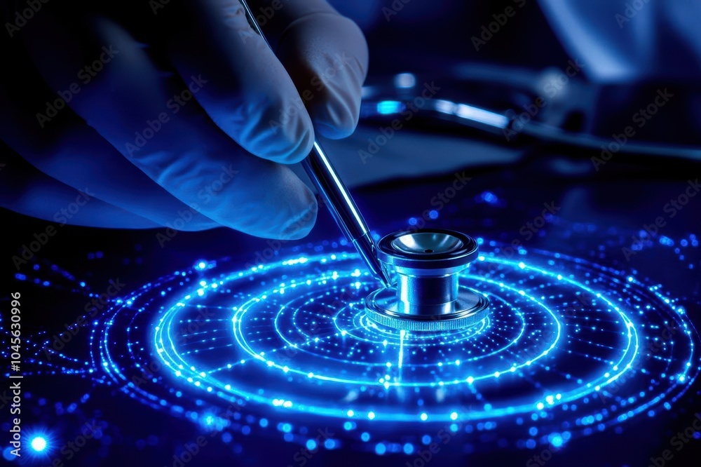 Digital illustration of a hand manipulating a stethoscope on a glowing interface. Digital illustration of a hand manipulating a stethoscope on a glowing interface.
