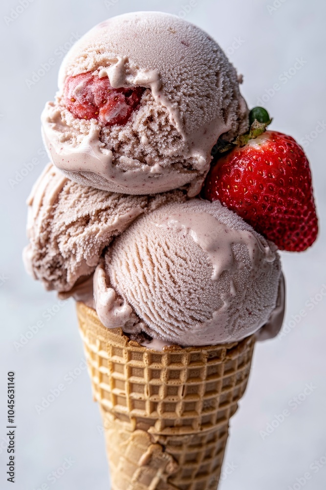 A white background is presented with 3 scoops of ice cream (vanilla, chocolate, strawberry) on top of a real edible ice cream cone. A white background is presented with 3 scoops of ice cream (vanilla, chocolate, strawberry) on top of a real edible ice cream cone.