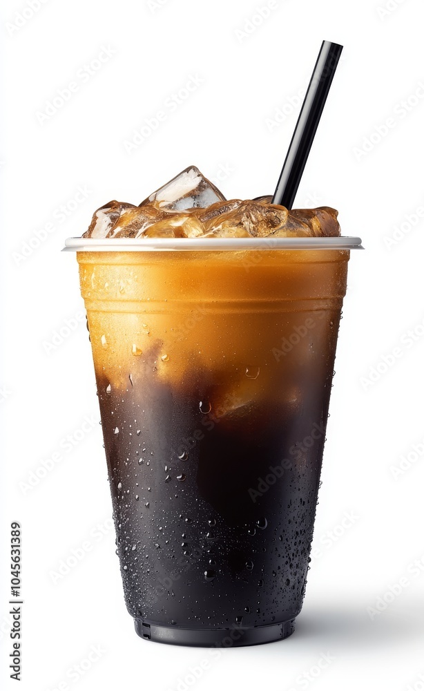 A refreshing iced coffee drink in a clear plastic cup with a black straw and ice cubes.