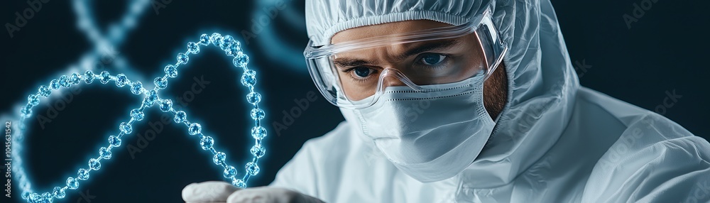 Fototapeta premium Scientist in protective gear analyzing molecular structures against a dark background.
