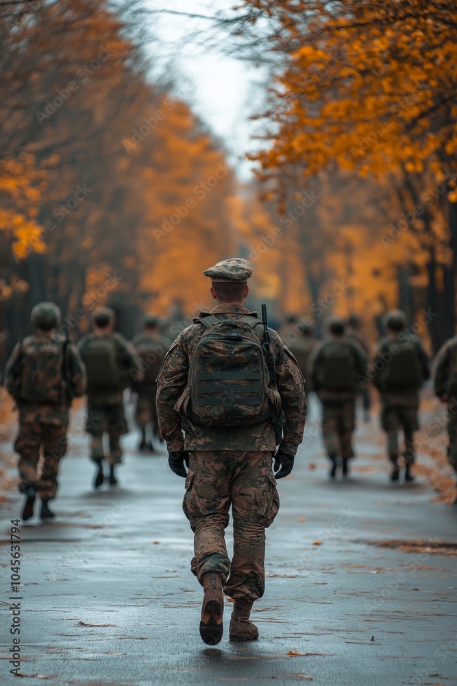 Uniformed soldiers walk through a park, surrounded by vibrant autumn foliage, showcasing unity and purpose. Uniformed soldiers walk through a park, surrounded by vibrant autumn foliage, showcasing unity and purpose.