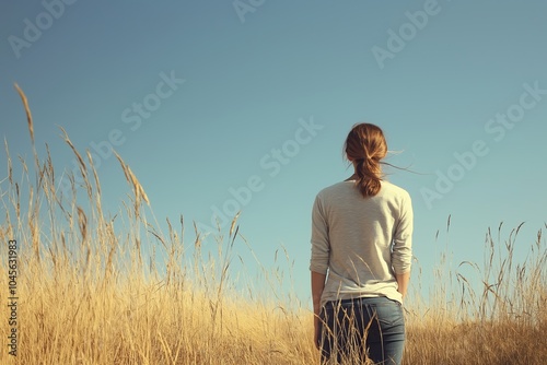 A tranquil scene with a woman standing peacefully in a vast grassy field, gazing at the clear blue sky above. photo