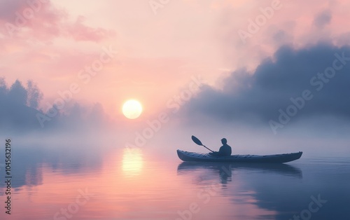 A single kayak drifting on still water at dawn, surrounded by the soft glow of the rising sun, creating a serene and calming scene 