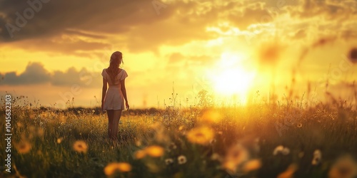 A woman's silhouette strolls through a sunlit field of wildflowers, her outline illuminated by a golden sunset.