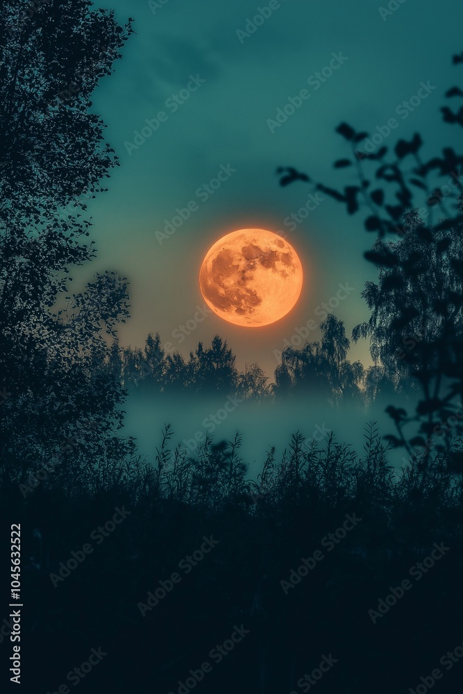 A full moon rises majestically over a forest, creating a mystical atmosphere with silhouettes against the twilight sky. A full moon rises majestically over a forest, creating a mystical atmosphere with silhouettes against the twilight sky.