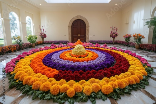 festival floral arrangement, a stunning bathukamma centerpiece adorned with vibrant flowers, set in a traditional and elegant space with room for joyful messages photo