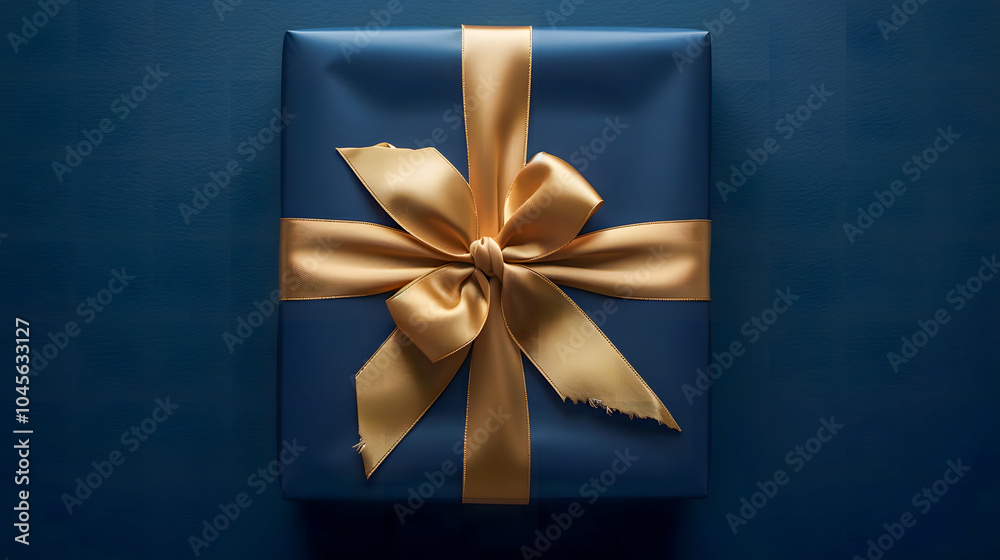 Dark blue gift box with gold satin ribbon on dark backdrop