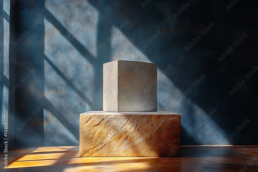 Empty concrete and stone podium on blue wall background with sunlight Empty concrete and stone podium on blue wall background with sunlight