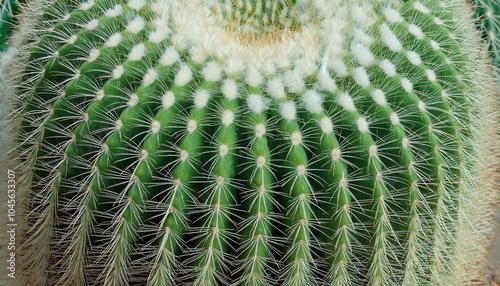 Close-up of Cactus with Intricate White Spines and Symmetrical Green Segments, Ideal for Nature, Botanical Studies, Desert Themes, or Organic Textures in Design Concepts photo