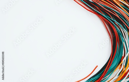 A white background is dominated by multicolored electrical wires