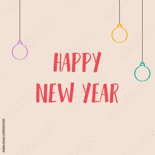 New Year's card with Christmas balls. 2025 New Year. Year of the snake. Merry Christmas and Happy New Year. Red and beige vector illustration.