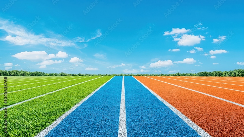 Fototapeta premium Vibrant athletic track with colorful lanes, blue sky, and lush green surroundings under sunny conditions.