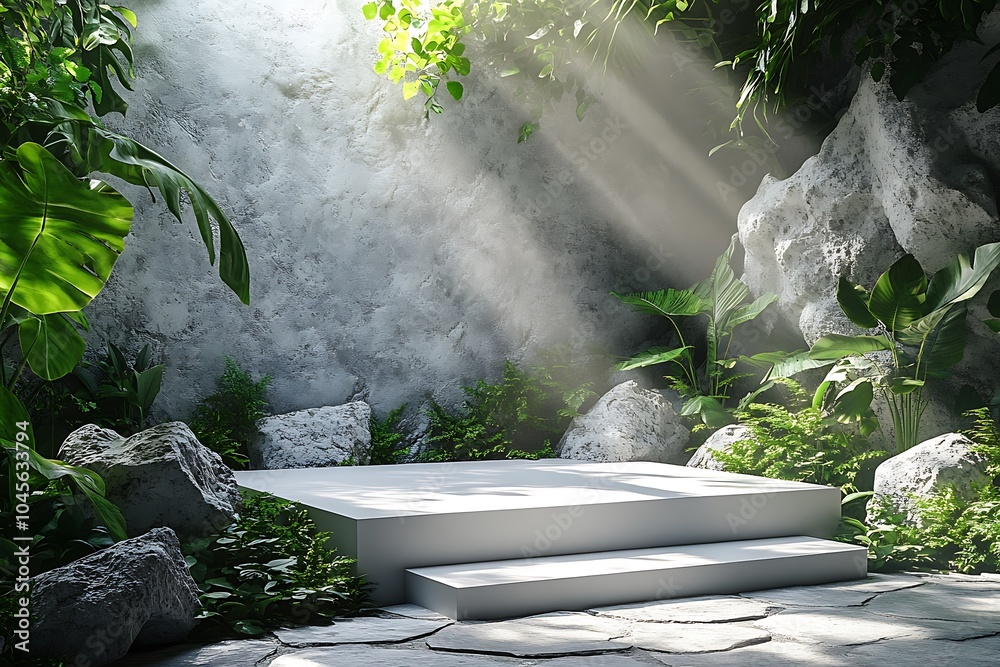 Empty white podium in tropical jungle for product presentation Empty white podium in tropical jungle for product presentation