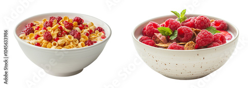 Set of bowl of red berry cereal with milk isolated on a white or transparent background, Cut out PNG photo