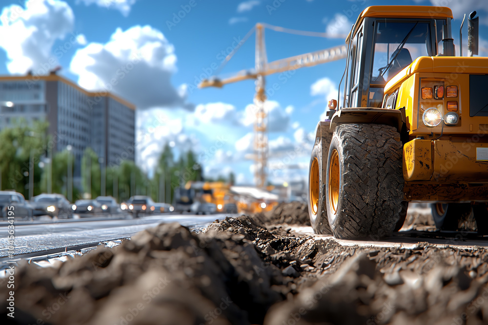 Fototapeta premium Construction zone heavy machinery and urban development under a bright sky