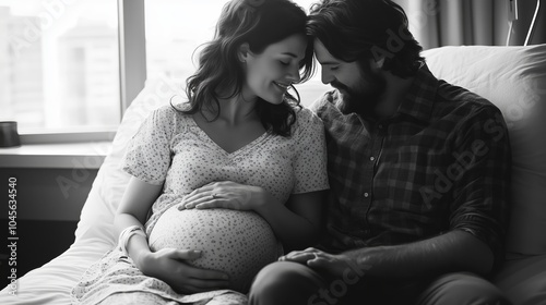 A black and white photograph of a pregnant couple sitting together on a hospital bed, lovingly embracing and sharing an intimate moment as they prepare for childbirth, evoking warmth and connection