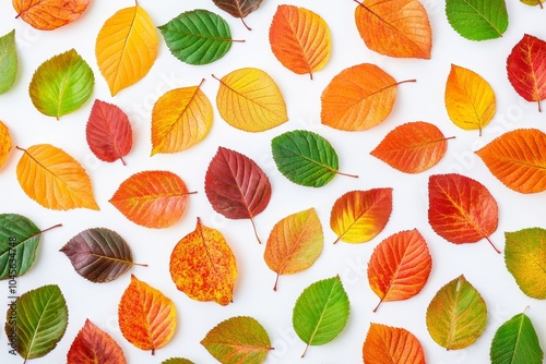 On a white background are dry autumn leaves in different colors.