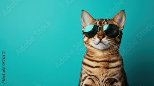 Portrait of a curious Bengal cat in aviator sunglasses, set against a vibrant teal studio backdrop with dynamic lighting reflecting its adventurous nature, copy space photo