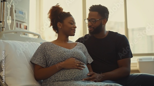 A pregnant woman sitting on a hospital bed, with her partner beside her, both sharing an intimate, loving moment in a bright hospital room.