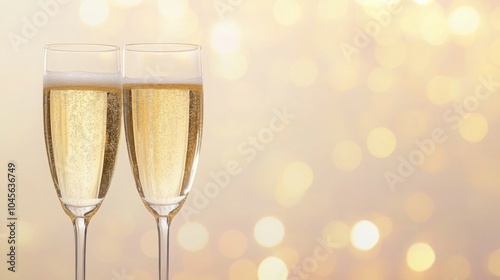 Two champagne glasses filled with bubbly drink are clinking together, creating a festive atmosphere against a backdrop of shimmering golden lights. This captures a moment of joy and celebration.