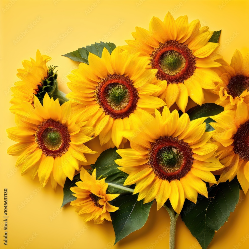 Obraz premium A vibrant arrangement of sunflowers against a bright yellow background.